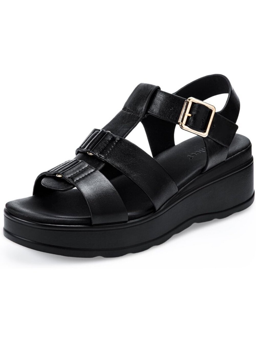 Women's Black Adjustable Comfort Flat Chunky Soled Round Toe Wedge Sandal Shoes